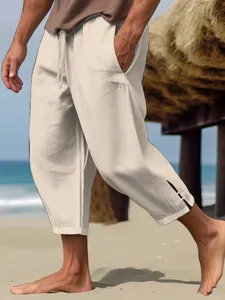 Pantalones de Playa Casuales de Algodón y Lino para Hombre Largo al Tobillo Verano Sueltos con Cordón en la Cintura Pantalones con Bolsillos Color Sólido