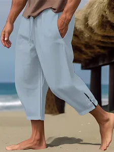 Pantalones de playa informales de algodón y lino azul claro para hombre con cordón