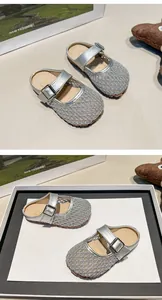 Silver breathable mesh mule shoes for girls with elegant hollow-out design and flat sole