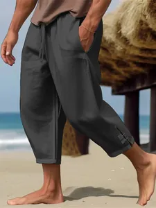 Pantalones de playa informales de algodón y lino para hombre con cordón en gris oscuro