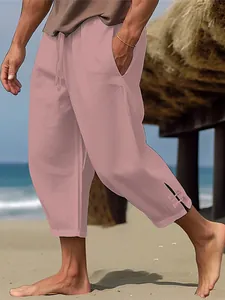Pantalones cortos de algodón y lino para hombre con cordón para playa en verano