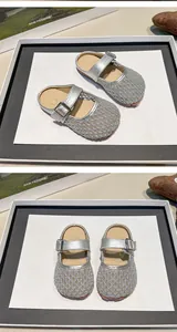 Detailed views of silver breathable mesh Mary Jane half-mules for girls, studio shot