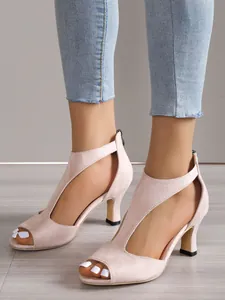 Elegant pink suede peep-toe high heel sandals with back zipper and side cut-outs