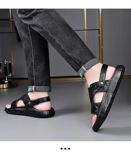 Professional men's casual black leather sandals with thick sole and breathable open-toe design.