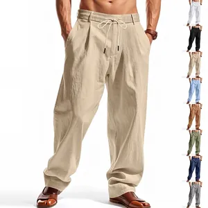 Herren Casual Leinenhose Locker Weites Bein Trousers Kordelzug Elastische Taille Strand Sport Gerade Hose Leinenmischung