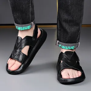 Men's stylish black top-layer cowhide leather sandals with comfortable thick soles for summer
