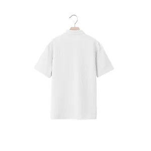 Back view of white men's short-sleeved polo shirt featuring premium waffle texture