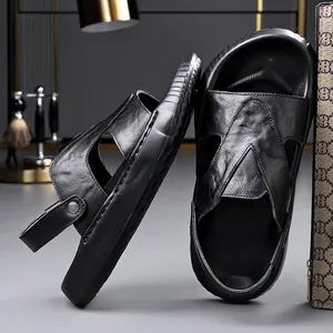 Stylish black leather men's sandals with breathable design and platform sole for summer.