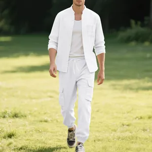 Men's casual white linen set featuring a stand collar shirt and cargo drawstring pants.