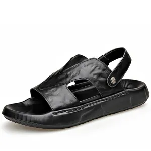 Casual black cowhide leather men's sandals with breathable design and thick sole