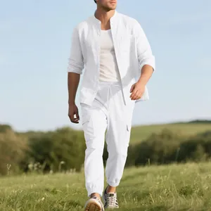 Close-up of men's white linen set featuring a mandarin collar shirt and cargo joggers