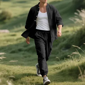 Men's casual black linen two-piece set with stand collar shirt and cargo pants