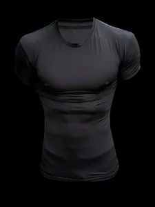 Close-up of black compression sports T-shirt for men in athletic slim fit.