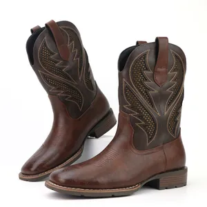 Close-up detail of men's vintage brown western cowboy boots with intricate embroidery