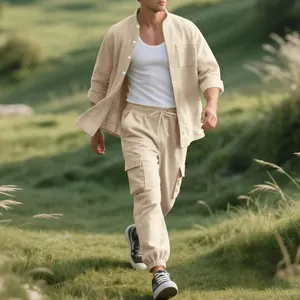 Macro view of men's casual linen set showing breathable fabric and cargo pocket detail