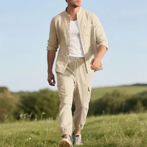Close-up of casual men's beige linen set featuring a stand collar shirt and cargo pants