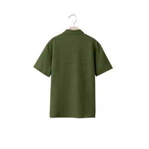 Back view of men's olive green short-sleeved polo shirt with jacquard texture