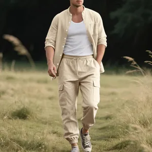 Men's casual linen long-sleeve shirt and cargo pants set in natural outdoor setting
