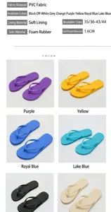 Detailed view of multi-color PVC flip-flops with 1.6cm flat heel and material specs