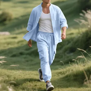Detail showing the full casual fit and linen texture of the blue men's two-piece set