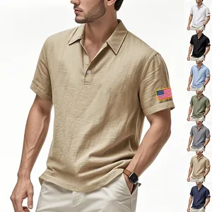Verschillende kleuren heren linnen poloshirt met Amerikaanse vlag op mouw