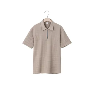 Macro detail of khaki jacquard textured men's short sleeve polo shirt with half-zip