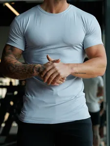 Men's athletic slim fit t-shirt in light blue milk silk for gym and running