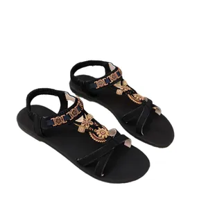 Sommerliche flache Sandalen für Damen mit elastischen Riemen und Blumendekor