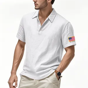 Heren zomer wit linnen poloshirt met korte mouwen en Amerikaanse vlag borduursel