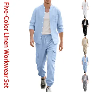 Men Casual Linen Top And Bottom Stand Collar Long Sleeve Shirt And Multi Pocket Cargo Pants Solid Color Plain Outfit