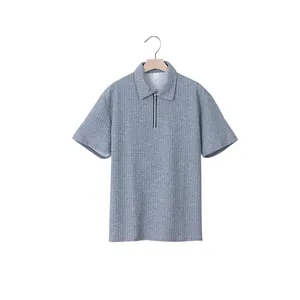 Classic grey men's heavy jacquard polo shirt with zipper collar and loose fit design.