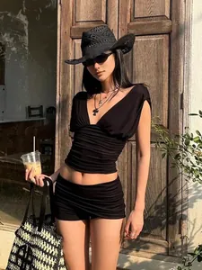 Ensemble Haut Et Bas Femme Sexy Col En V Profond Débardeur Sans Manches Froncé Short Taille Haute Coupe Ajustée Deux Pièces Été