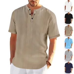 Detail view of men's casual slub Henley shirts in a variety of classic summer colors