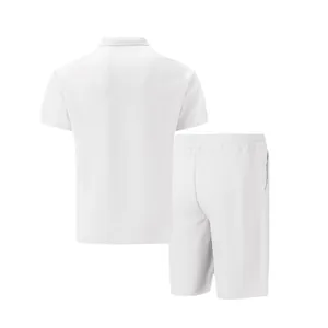 Back view of men's white waffle-knit polo shirt and matching shorts casual summer set
