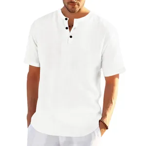 Men's casual white slub cotton Henley shirt with short sleeves and loose fit design