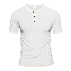 Men's casual white short sleeve Henley shirt with a textured waffle knit design