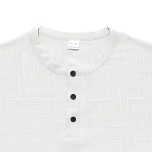 Macro view of mens white slub texture henley shirt collar with three black buttons