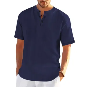 Detailed view of navy blue men's slub henley shirt featuring vintage buttons and loose casual fit