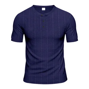 Navy blue men's short-sleeved Henley shirt featuring premium textured slub fabric detail