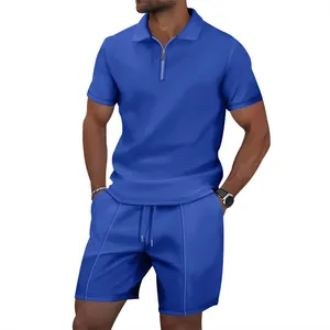 Men's blue waffle knit leisure set featuring a zip polo shirt and matching shorts