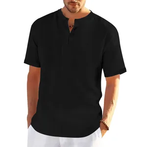Casual men's black Henley short sleeve shirt with vintage slub cotton texture on model.