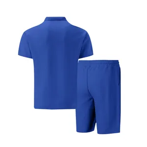 Back view of men's blue waffle knit short sleeve polo shirt and shorts casual set