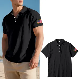 Zwart linnen poloshirt voor heren met een geborduurde Amerikaanse vlag op de mouw