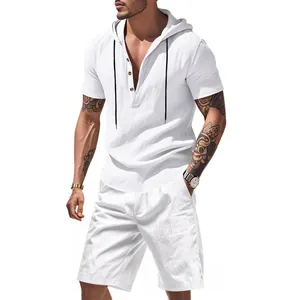 Detail view of men's white linen hooded short sleeve shirt and shorts summer set