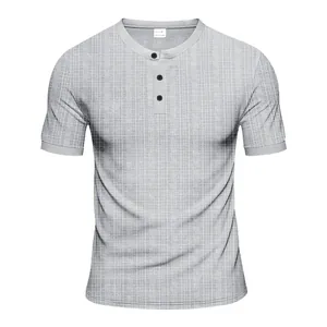 Close-up of textured grey Henley t-shirt for men with three-button placket