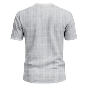 Detailed back view of men's casual retro slub texture Henley T-shirt in light grey