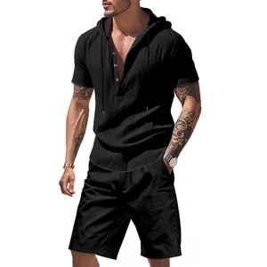 Men's black linen hooded shirt and shorts two-piece set for beach and casual wear.