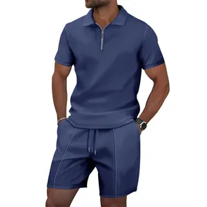 Detailed view of navy blue waffle knit men's casual two-piece polo and shorts set