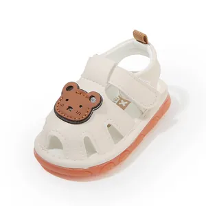Sandali da passeggio per bambini crema con orso carino e suola arancione antiscivolo