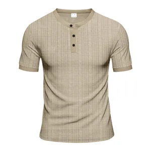 Detailed view of khaki men's Henley shirt with slub grid texture and three-button placket